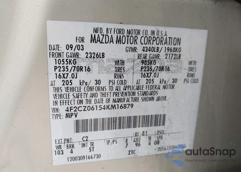 2004 Mazda Tribute Es V6 из США, поврежденный, VIN 4F2CZ06154KM16879